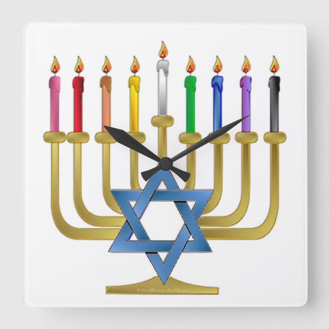 Reloj Cuadrado Hanukkah Candles Rainbow Gold Menorah (Anverso)