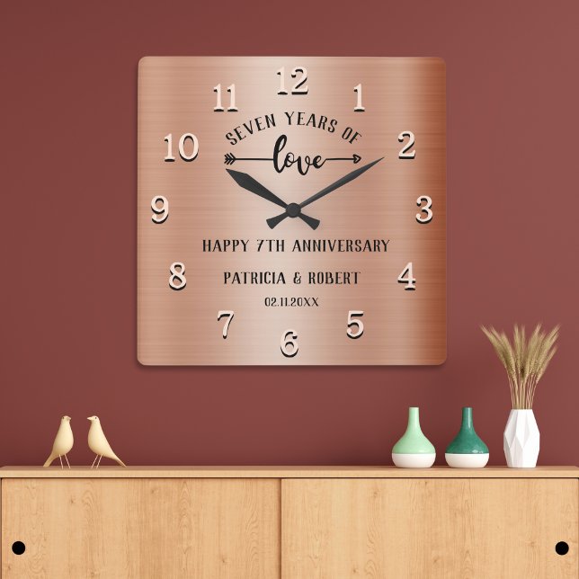 Reloj Cuadrado Happy 7th Wedding Anniversary Copper Anniversary (Happy 7th Wedding Anniversary Copper Anniversary Square Wall Clock)