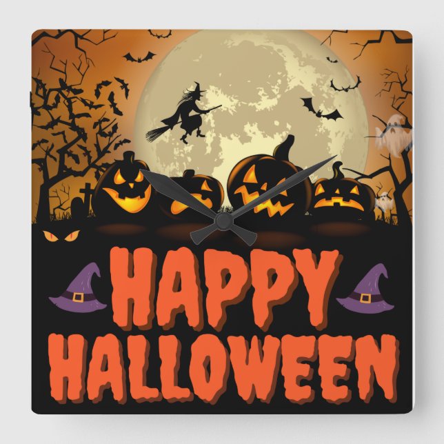 Reloj Cuadrado Happy Halloween Night Square Wall Clock (Anverso)