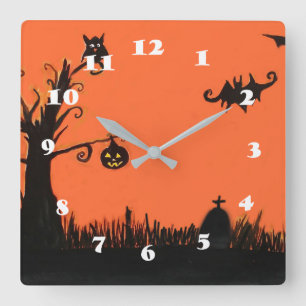 Reloj Cuadrado Happy Halloween Tree Pumpkin  Square Wall Clock