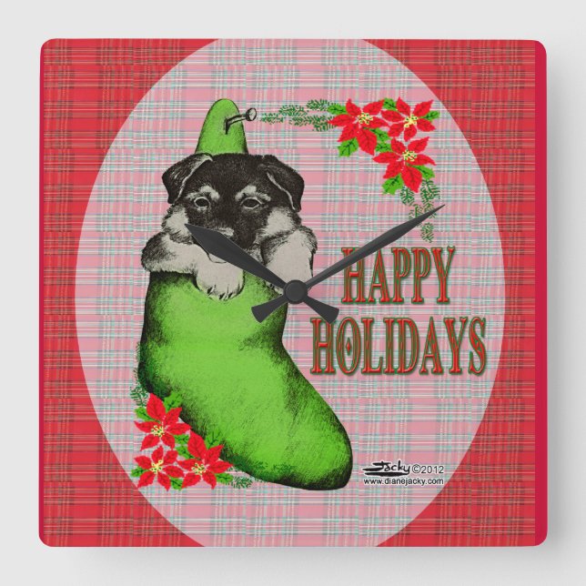Reloj Cuadrado Happy Holidays Puppy (Anverso)