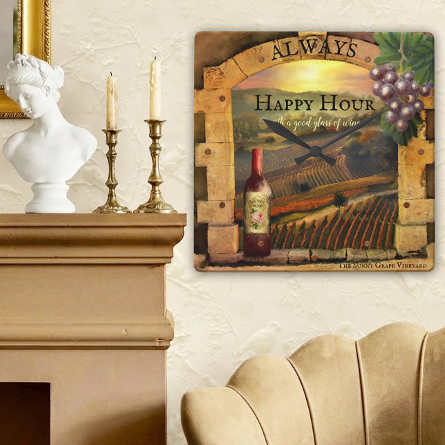 Reloj Cuadrado Happy Hour Wine Vineyard Bella Artes Wall Clock (Clock featuring a fine art painting of a sunset over a vineyard with a Roman arch with grapes)