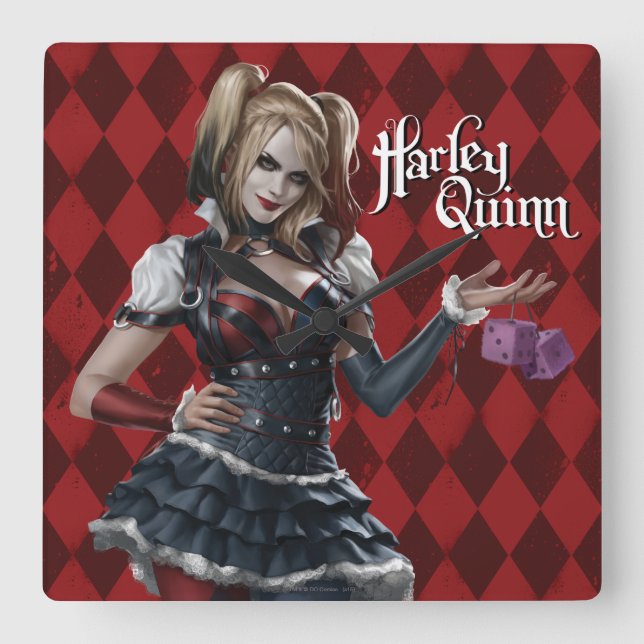 Reloj Cuadrado Harley Quinn con dados difusos (Anverso)