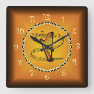Reloj Cuadrado Harp On Musical Scroll & Russet Naranja ~