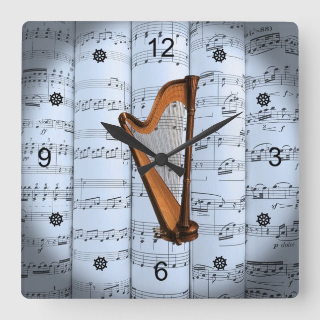Reloj Cuadrado Harp ~ Rolling Sheet Music ~ Blue Tint Background  (Anverso)