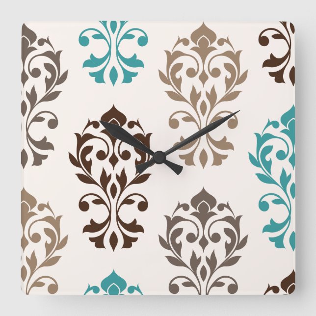 Reloj Cuadrado Heart Damask Art I Browns Crema Verde azulado (Anverso)