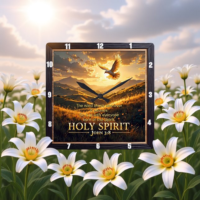 Reloj Cuadrado Heaven Holy Spirit Dove Sunset John 3:8 Verse (Subido por el creador)