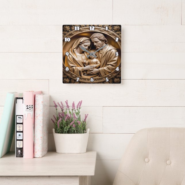 Reloj Cuadrado Heavenly Gold Holy Family Carving (Sala de lectura)