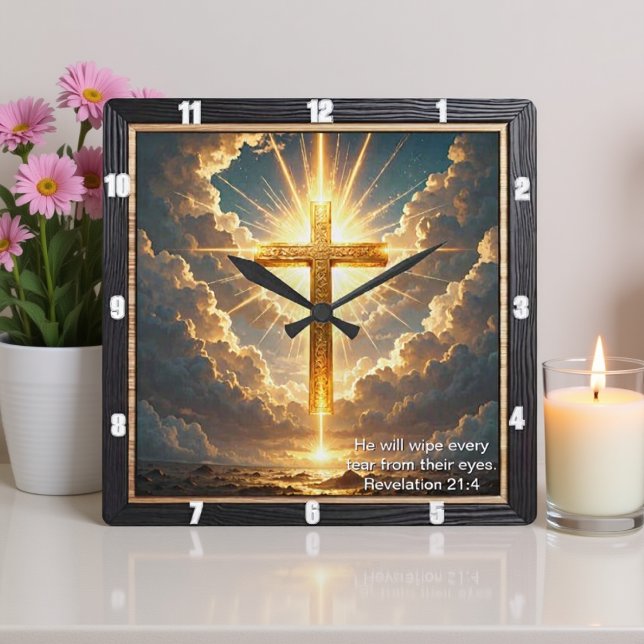 Reloj Cuadrado Heaven's Gate Golden Cross Sunset Revelation 21:4 (Subido por el creador)