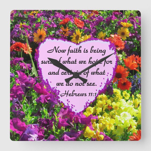 RELOJ CUADRADO HEBREWS 11:1 DISEÑO FLORAL (Anverso)