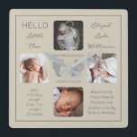 Reloj Cuadrado Hello Little One Baby Four Photo Square Wall Clock<br><div class="desc">Create a keepsake you can cherish for a lifetime with this "Hello Little One" four photo design featuring your baby's name, birth statistics, parents and siblings' names. In the center are two template lines for your personal message or you can use ours. This messaging is on top and bottom of...</div>