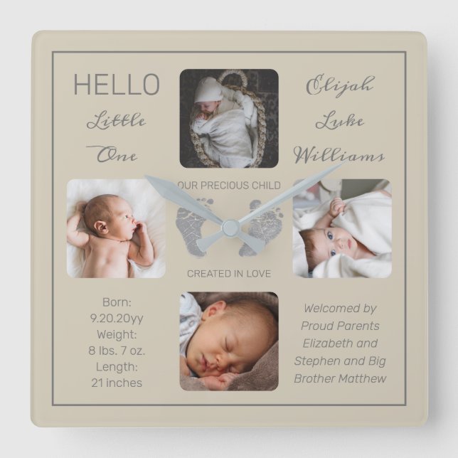 Reloj Cuadrado Hello Little One Baby Four Photo Square Wall Clock (Anverso)