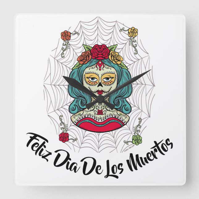 Reloj Cuadrado Hermosa Catrina Feliz Día de Muertos (Anverso)