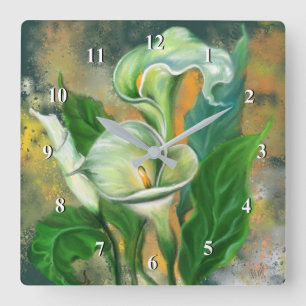 Reloj Cuadrado Hermosa flor de Calla Lily - dibujo de arte mixto