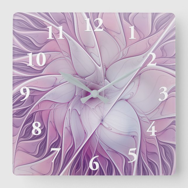 Reloj Cuadrado Hermosa Flor Rosa Moderna Resumen Arte Fractal (Anverso)