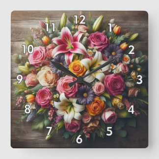Reloj Cuadrado Hermosa imagen floral redonda sobre planchas de ma
