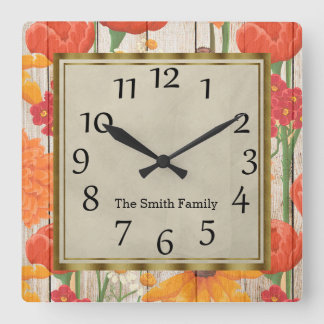 Reloj Cuadrado Hermosa madera floral amarilla Naranja rojo