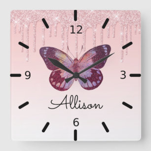 Reloj Cuadrado Hermosa mariposa púrpura personalizada