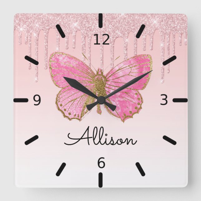 Reloj Cuadrado Hermosa mariposa rosa personalizada (Anverso)