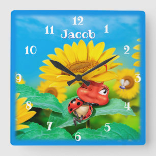Reloj Cuadrado Hermosa mariquita durmiendo en girasoles.