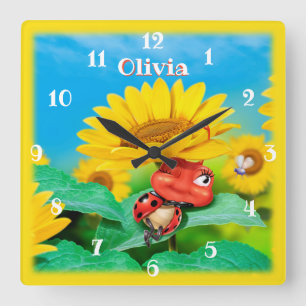 Reloj Cuadrado Hermosa mariquita durmiendo en girasoles.