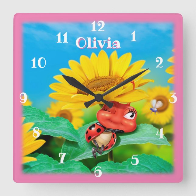 Reloj Cuadrado Hermosa mariquita durmiendo en girasoles. (Anverso)