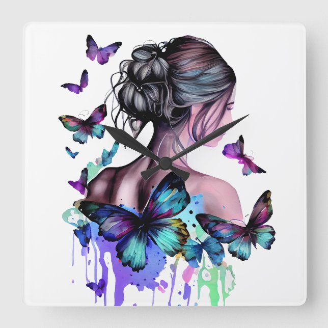 RELOJ CUADRADO HERMOSA MUJER DE COLOR ACUÁTICO CON MARIPOSAS (Anverso)