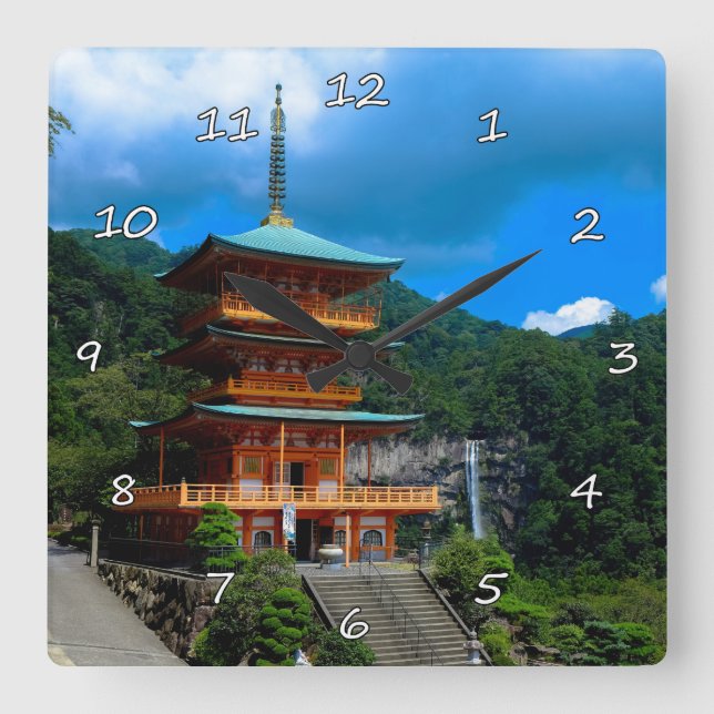 Reloj Cuadrado Hermosa pagoda y cascada japonesa (Anverso)