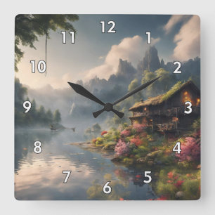 Reloj Cuadrado Hermosa pintura digital de cabaña en el agua