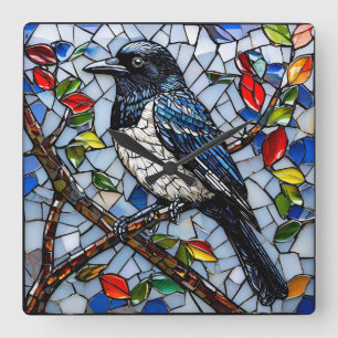 Reloj Cuadrado Hermosa urraca mosaico
