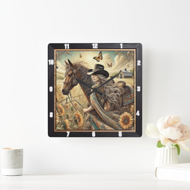 Reloj Cuadrado Hermosa Vaquera y Caballo de Campo Sunlit (Hogar)
