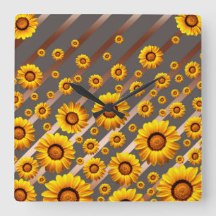 Reloj Cuadrado Hermosas flores amarillas en rayas grises y marron