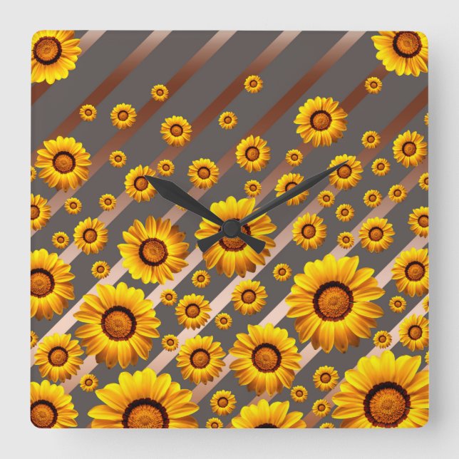 Reloj Cuadrado Hermosas flores amarillas en rayas grises y marron (Anverso)