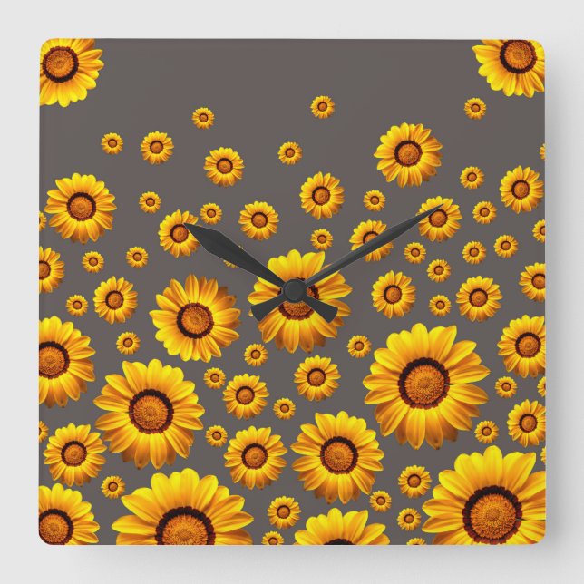 Reloj Cuadrado Hermosas flores amarillas sobre fondo gris  (Anverso)