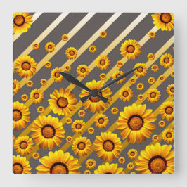 Reloj Cuadrado Hermosas flores amarillas sobre rayas grises, dora
