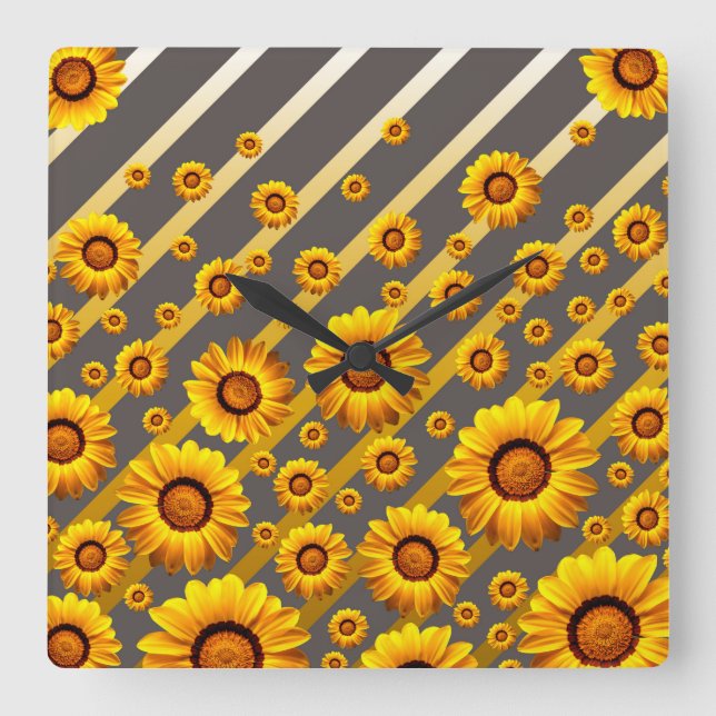 Reloj Cuadrado Hermosas flores amarillas sobre rayas grises, dora (Anverso)