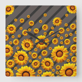 Reloj Cuadrado Hermosas flores amarillas sobre rayas grises y neg