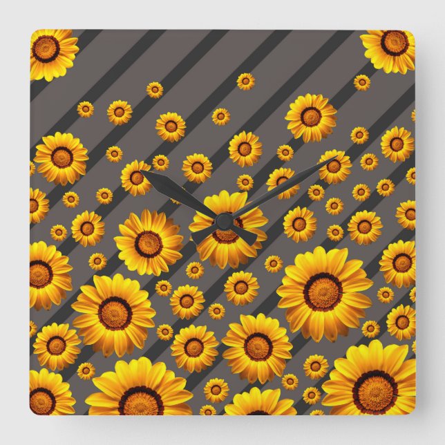 Reloj Cuadrado Hermosas flores amarillas sobre rayas grises y neg (Anverso)