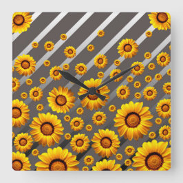 Reloj Cuadrado Hermosas flores amarillas sobre rayas grises y pla