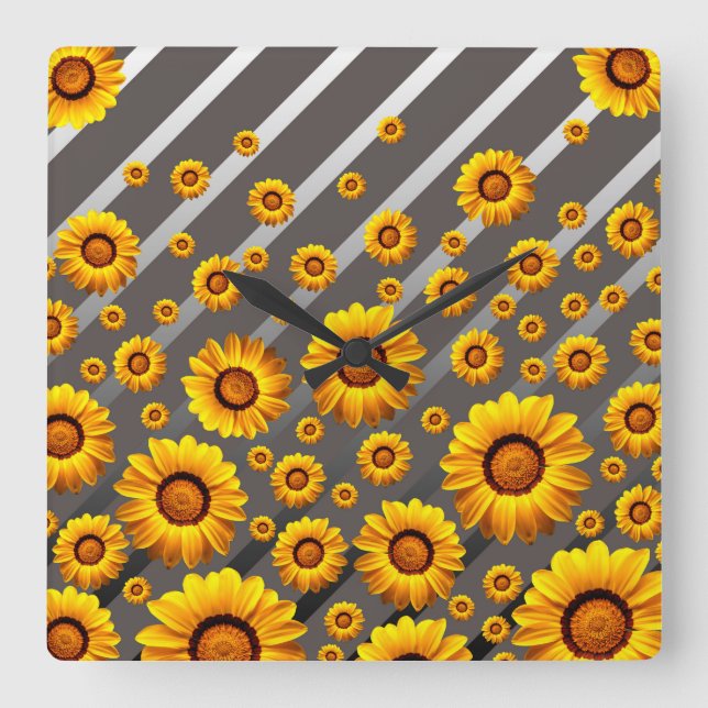 Reloj Cuadrado Hermosas flores amarillas sobre rayas grises y pla (Anverso)