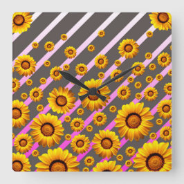 Reloj Cuadrado Hermosas flores amarillas sobre rayas grises y ros