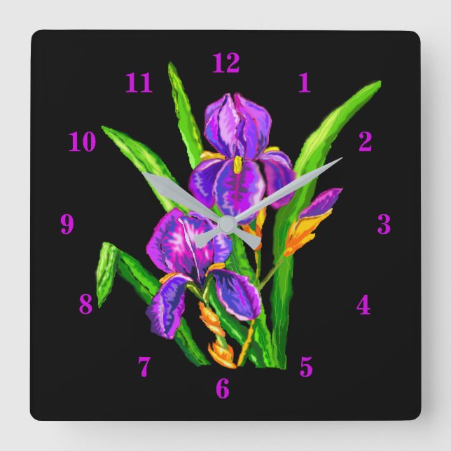 Reloj Cuadrado Hermosas flores de iris (Anverso)