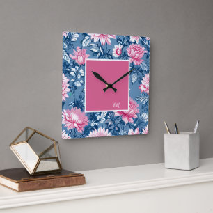 Reloj Cuadrado Hermosas flores de jardín azules y rosas delft