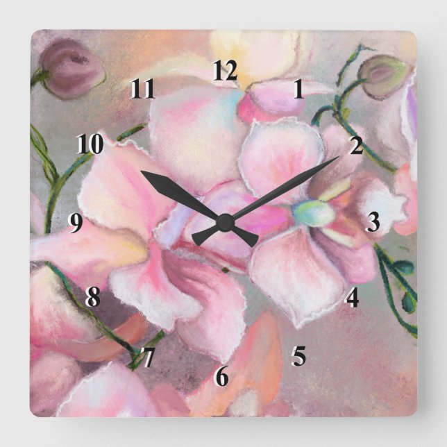 Reloj Cuadrado Hermosas flores de orquídeas rosadas - Pintura ori (Anverso)