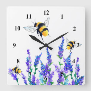 Reloj Cuadrado Hermosas flores de primavera y abejas vuelan - Dib