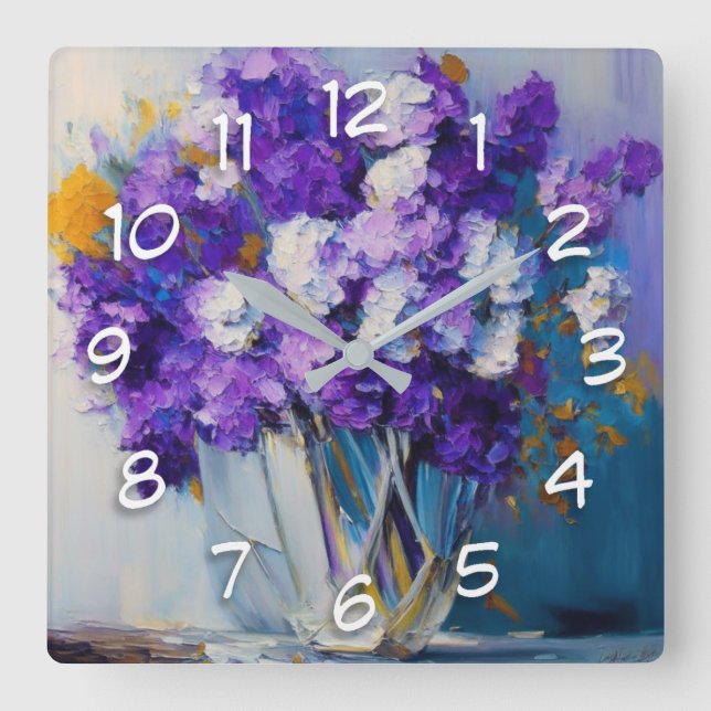 Reloj Cuadrado Hermosas flores moradas vintage (Anverso)