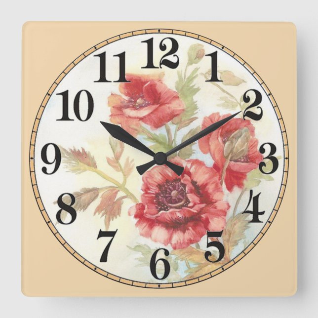 Reloj Cuadrado Hermosas flores rojas (Anverso)