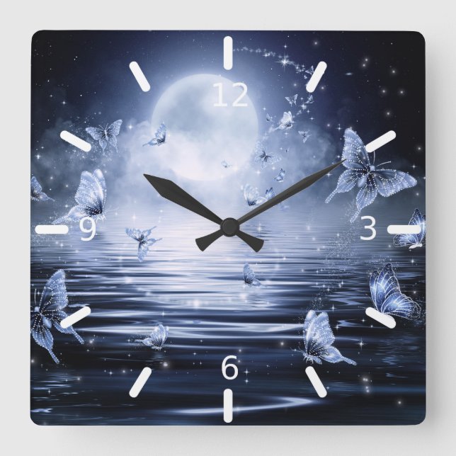 Reloj Cuadrado Hermosas Mariposas Mágicas A La Luz De La Luna (Anverso)