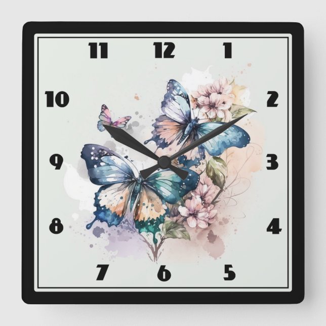 Reloj Cuadrado Hermosas mariposas y flores (Anverso)