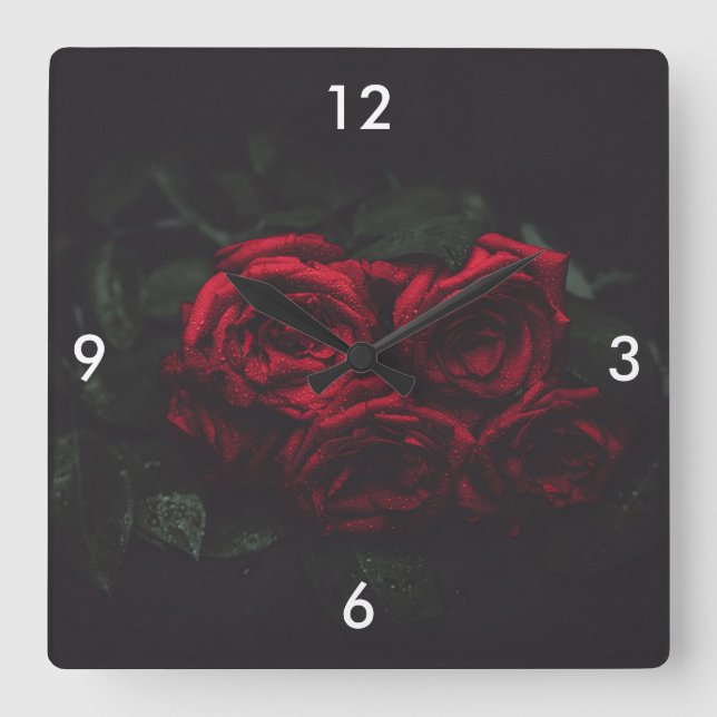 Reloj Cuadrado Hermosas rosas rojas (Anverso)